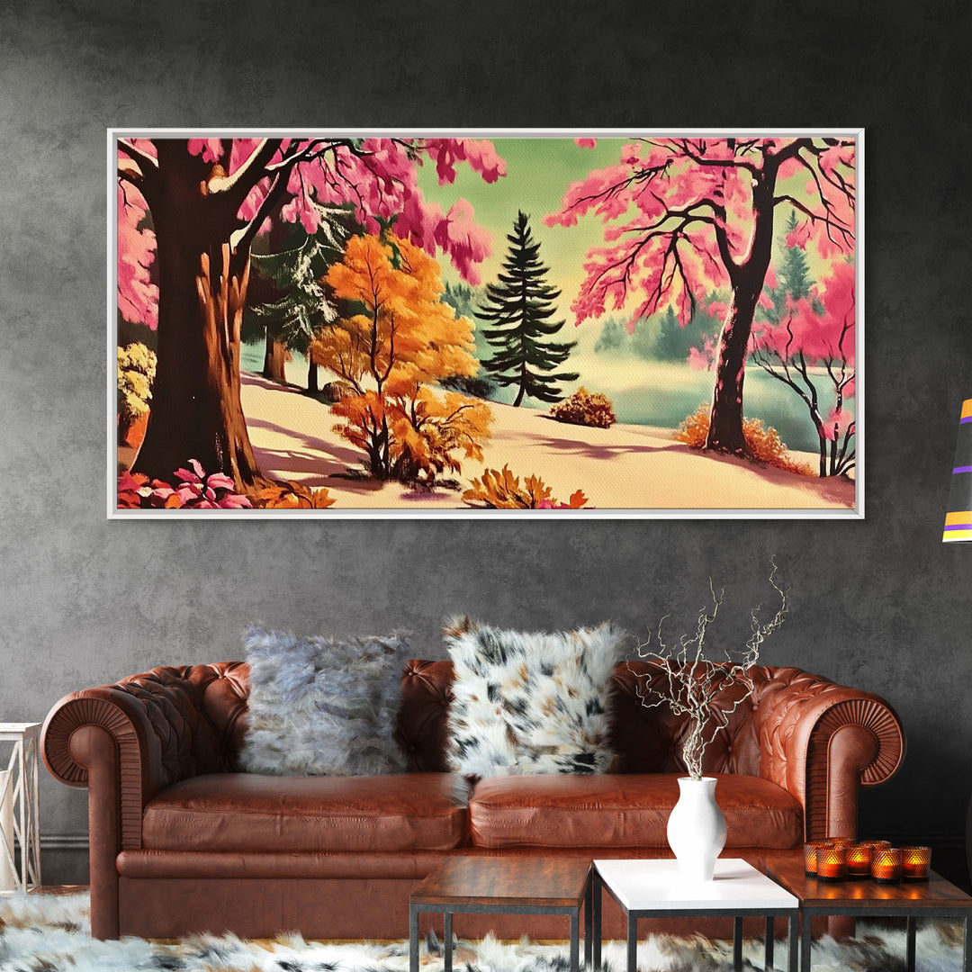 Colorful Path with Pink and Orange Trees Framed Canvas Print, Ideal Autumn Wall Art, Perfect Seasonal Decor Gift for Nature Lovers