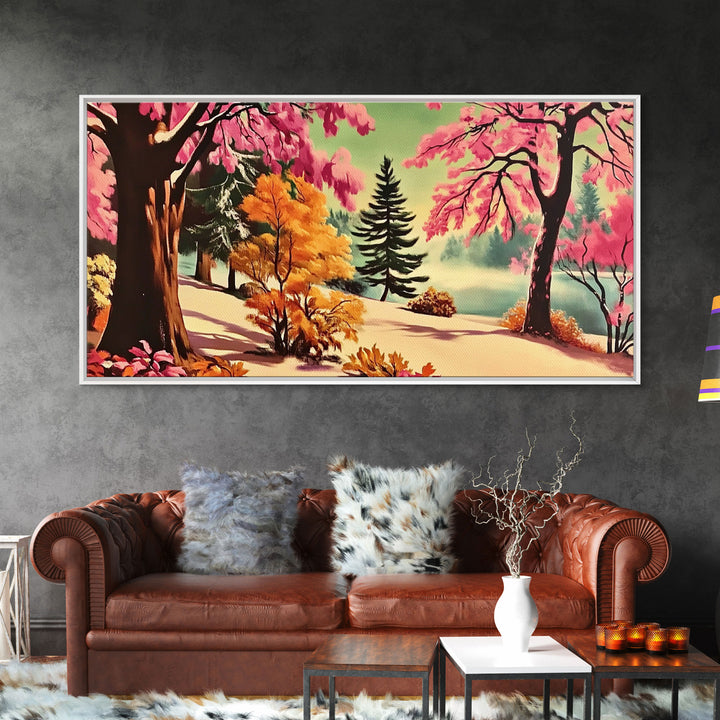 Colorful Path with Pink and Orange Trees Framed Canvas Print, Ideal Autumn Wall Art, Perfect Seasonal Decor Gift for Nature Lovers