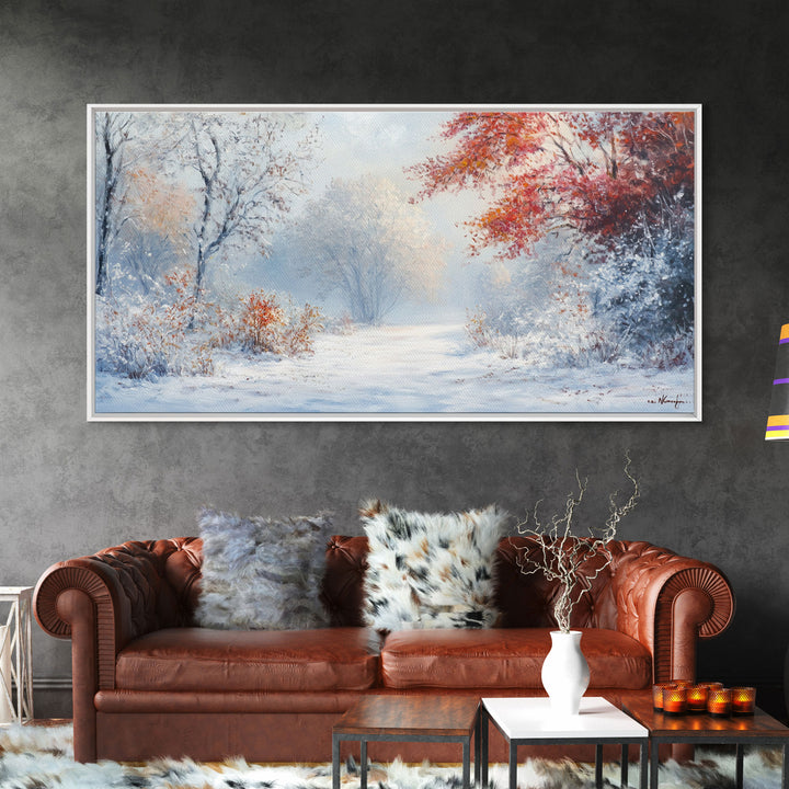 Cozy Cabin in the Snow Framed Canvas Print, Ideal Christmas Holiday Wall Art for Winter Wonderland Decor and Festive Home Interiors