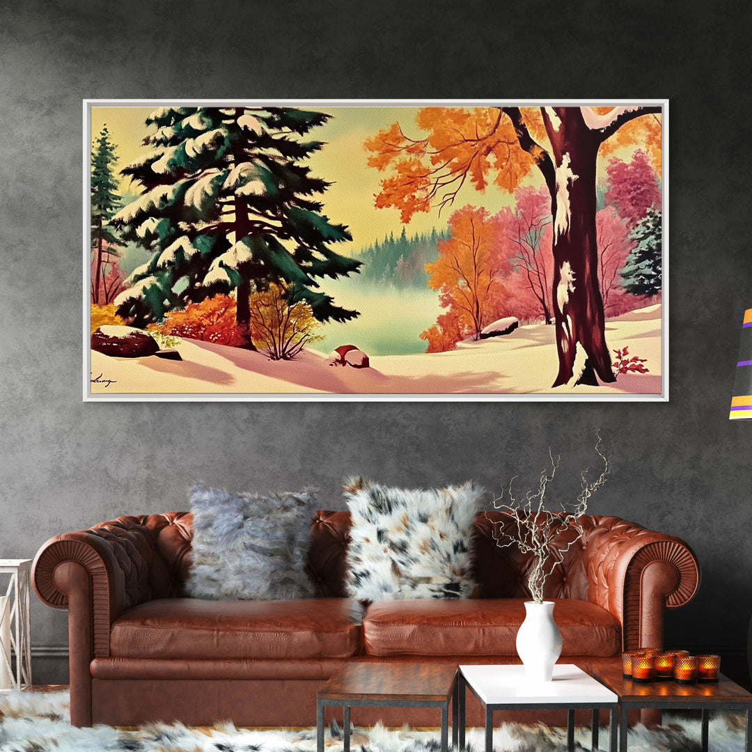Retro 1950s Style Winter Landscape Painting, Framed Canvas Print, Perfect Holiday Wall Art for Vintage Christmas Decor and Festive Interiors