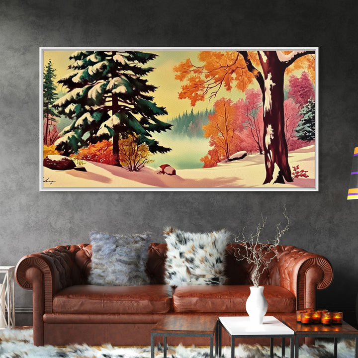 Retro 1950s Style Winter Landscape Painting, Framed Canvas Print, Perfect Holiday Wall Art for Vintage Christmas Decor and Festive Interiors