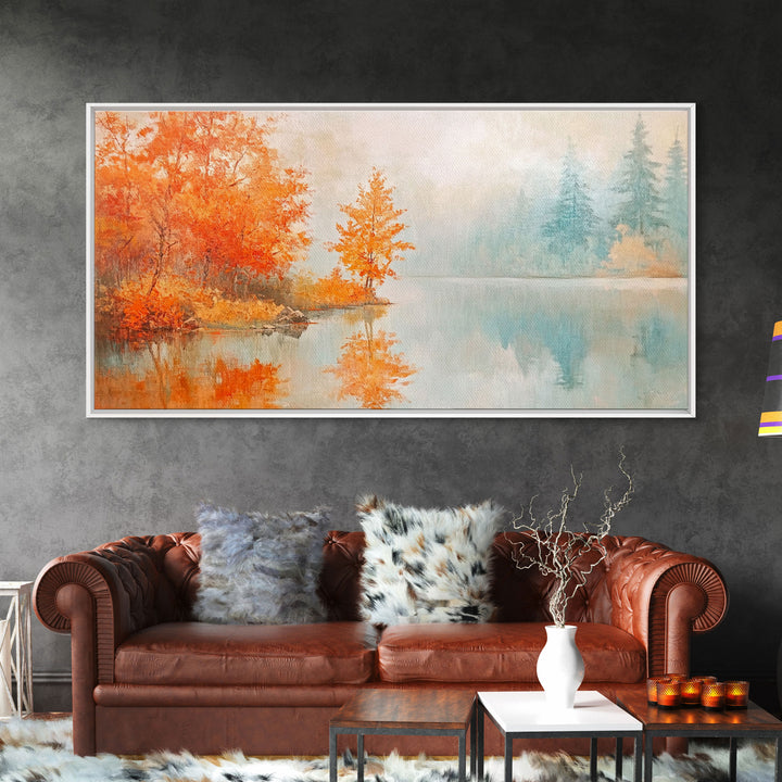 Mid-century modern living room with Christmas tree and presents Framed Canvas Print, colorful Christmas decor for stylish holiday wall art