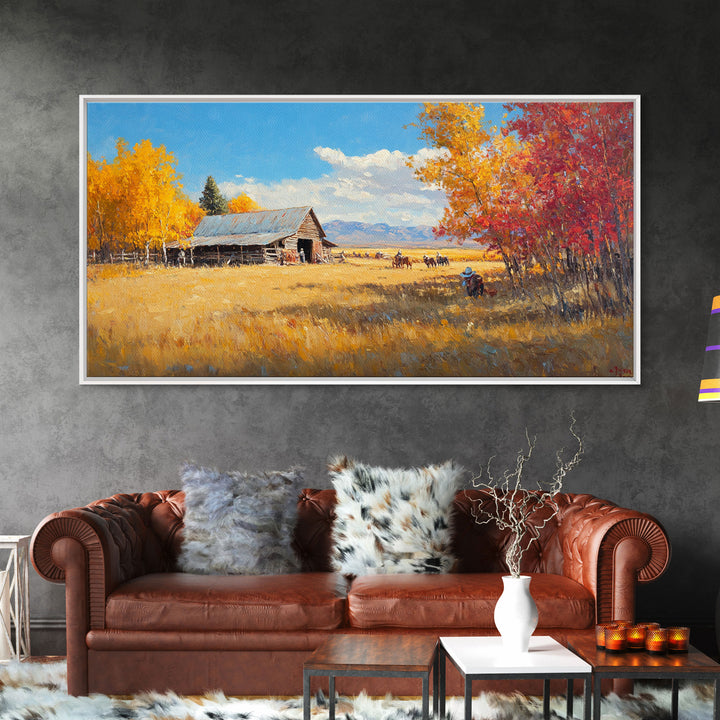 Group Of Horseback Riders In Autumn Field, Rustic Fall Scene Wall Art, Country Farmhouse Framed Canvas Print, Cozy Harvest Time Art