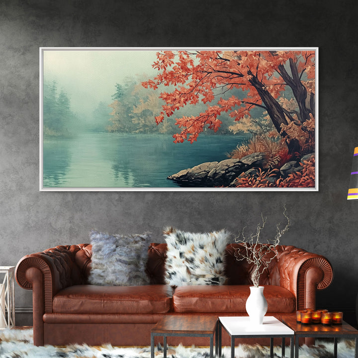 Fall On The Lake, Watercolor Landscape Painting Framed Canvas Print, retro holiday decor wall art with nostalgic vibe