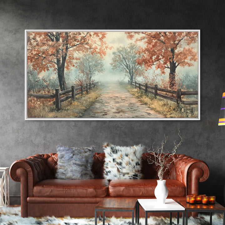 Autumn Path Framed Canvas Print, Rustic Fence and Trees Wall Art, Farmhouse Fall Home Decor, Vintage Style Wall Art, Seasonal Gift Idea