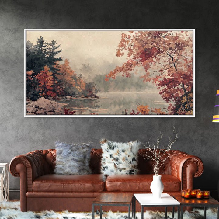 Misty Lake and Autumn Trees Framed Canvas Print, Tranquil Landscape Art, Fall Nature Scene Wall Art, Seasonal Fall Decor, Gallery Wall