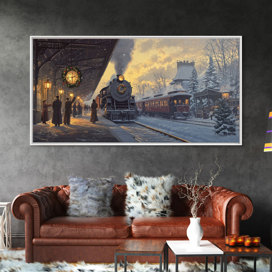 Christmas Train Station Framed Canvas Print, Snowy Train Scene Art, Vintage Christmas Decor, Holiday Wall Art, Best Christmas Gift
