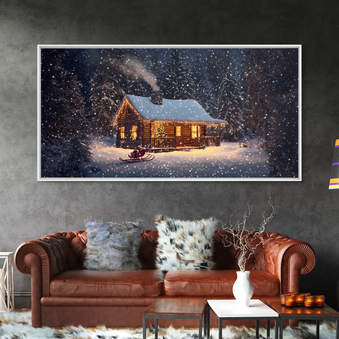 Cozy Cabin in Snow Framed Canvas Print, Winter Wonderland Scene Art, Rustic Christmas Decor, Holiday Wall Art, Seasonal Gift Idea