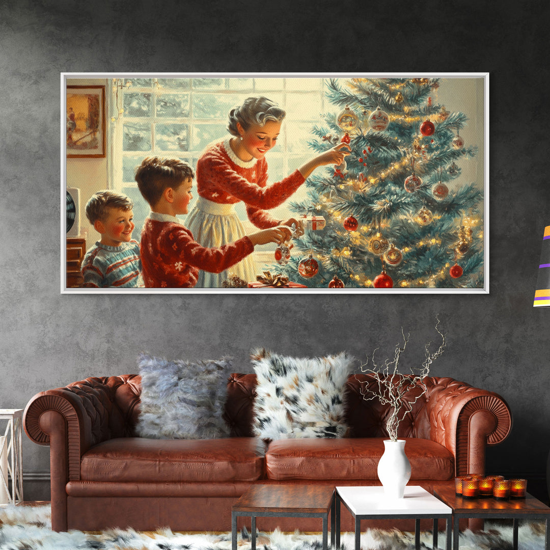 Family Decorating Tree Framed Canvas Print, Retro Christmas Scene, Vintage Holiday Decor, Christmas Tree Art, Christmas Wall Art Gift