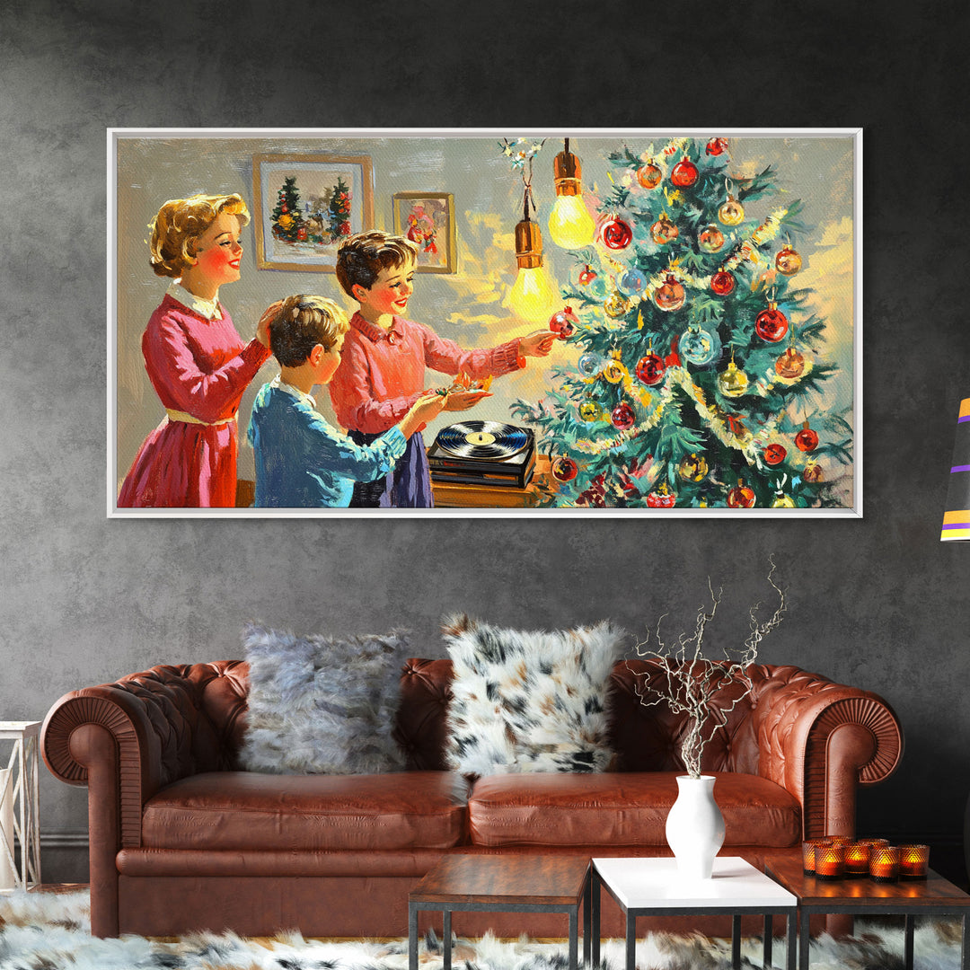 Family Christmas Decorating Framed Canvas Print, Retro Holiday Scene Art, Vintage Christmas Home Decor, Christmas Art Prints, Wall Art