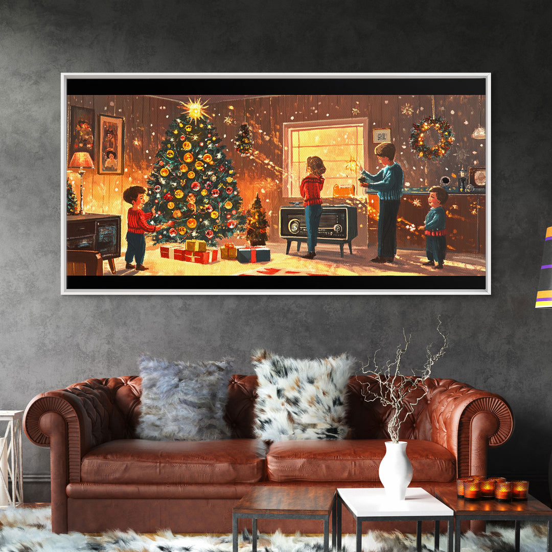 Cozy Christmas Evening Framed Canvas Print, Vintage Christmas Scene Art, Retro Holiday Home Decor, Christmas Tree Wall Art, Christmas Gift