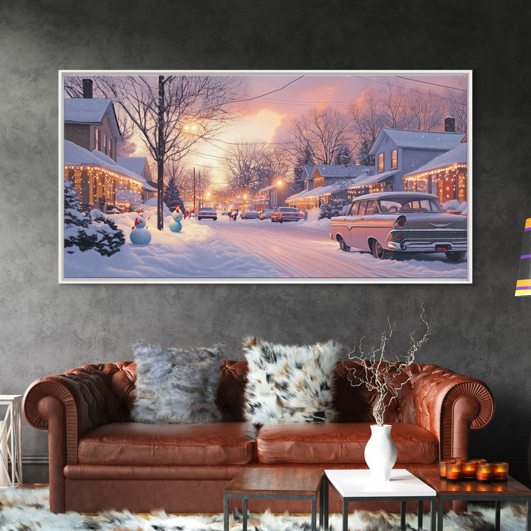 Snowy Neighborhood Evening Framed Canvas Print, Winter Wonderland Scene Art, Christmas Home Decor, Vintage Christmas Art, Holiday Wall Art