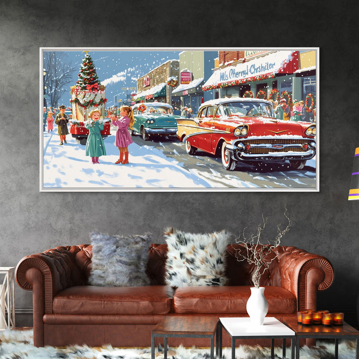 Christmas Parade Street Framed Canvas Print, Vintage Holiday Decor, Retro Christmas Scene Art, Best Gift Christmas Decor, Holiday Wall Art