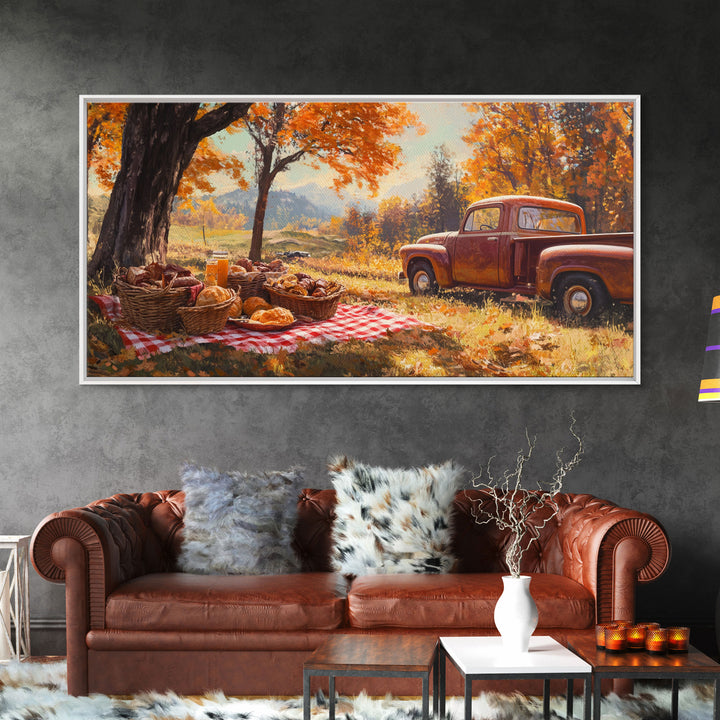 Fall Picnic Afternoon Framed Canvas Print, Rustic Farmhouse Decor, Autumn Country Landscape Art, Modern Farmhouse Wall Art, Seasonal Gift