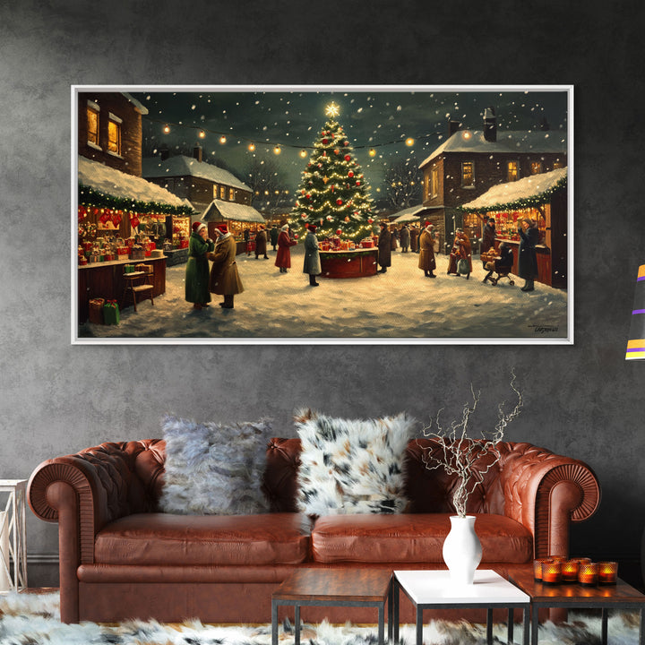 Vintage Christmas Village Market Scene Framed Canvas Print - Perfect Retro Christmas Wall Art and Vintage Christmas Home Decor 2024