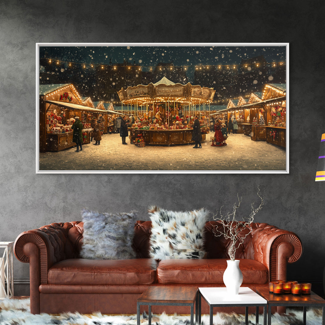 Retro Carousel Christmas Market Framed Canvas Print - Beautiful Vintage Christmas Decor and Holiday Wall Art with Christmas Scene