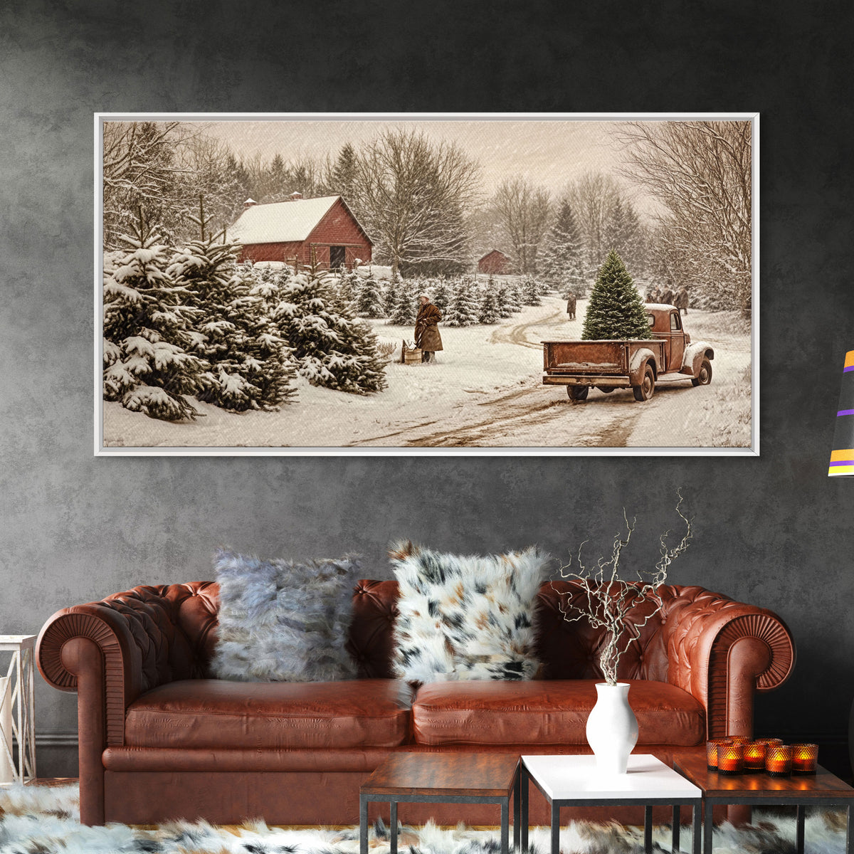 Rustic Christmas Tree Farm Framed Canvas Print - Perfect Vintage Farmhouse Christmas Decor and Winter Home Wall Art