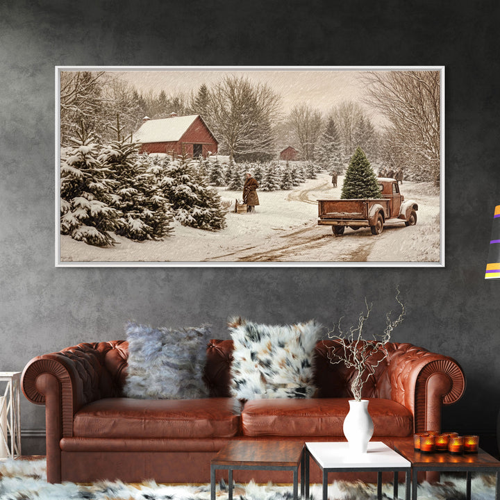 Rustic Christmas Tree Farm Framed Canvas Print - Perfect Vintage Farmhouse Christmas Decor and Winter Home Wall Art