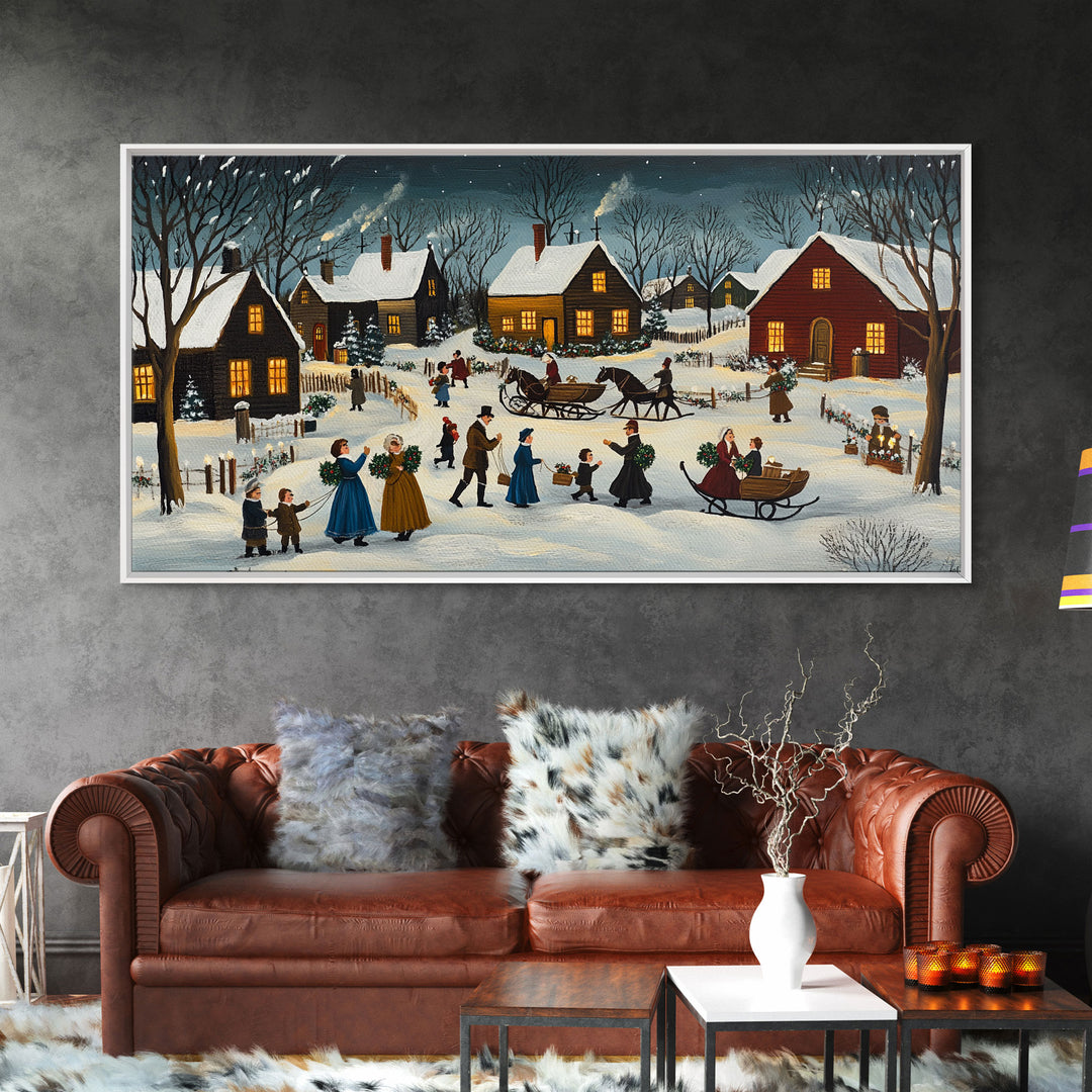 Colonial Village Christmas Scene Framed Canvas Print - Charming Christmas Wall Art and Vintage Holiday Decor 2024 Christmas Gift