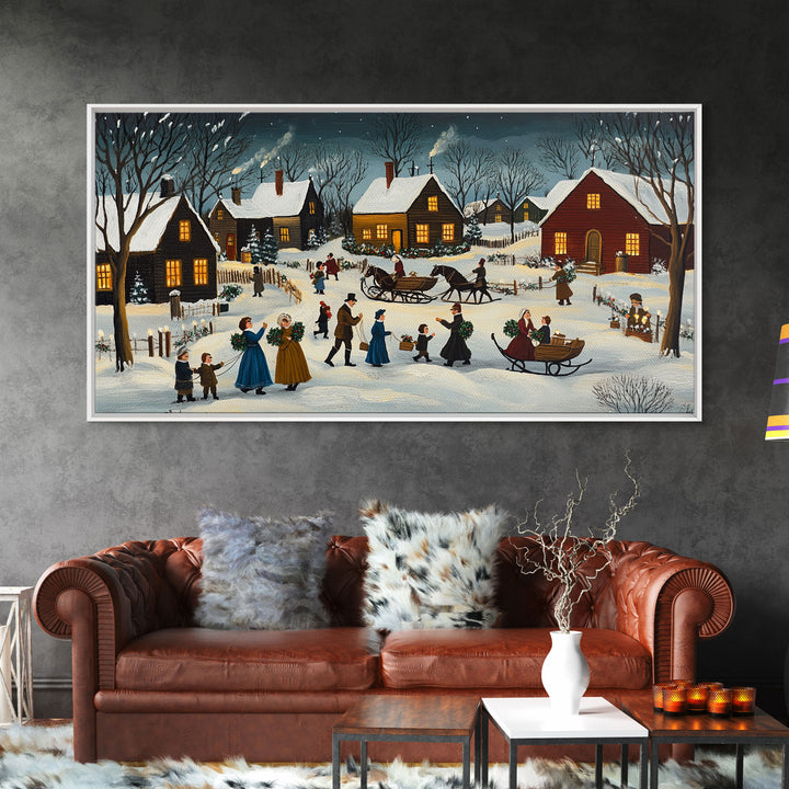 Colonial Village Christmas Scene Framed Canvas Print - Charming Christmas Wall Art and Vintage Holiday Decor 2024 Christmas Gift