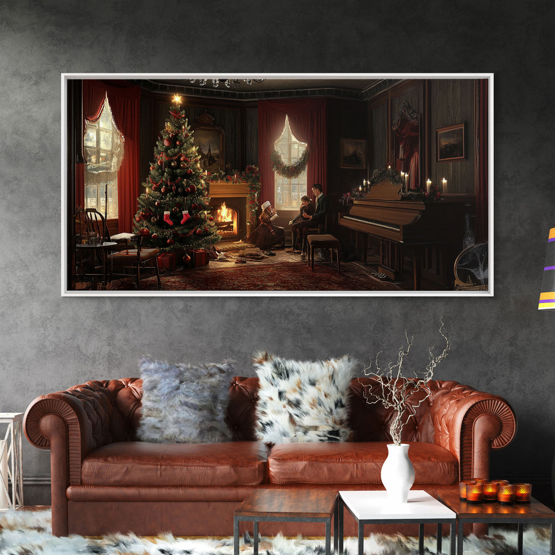 Victorian Christmas Living Room Framed Canvas Print - Elegant Christmas Decor with Vintage Holiday Charm and Indoor Wall Art