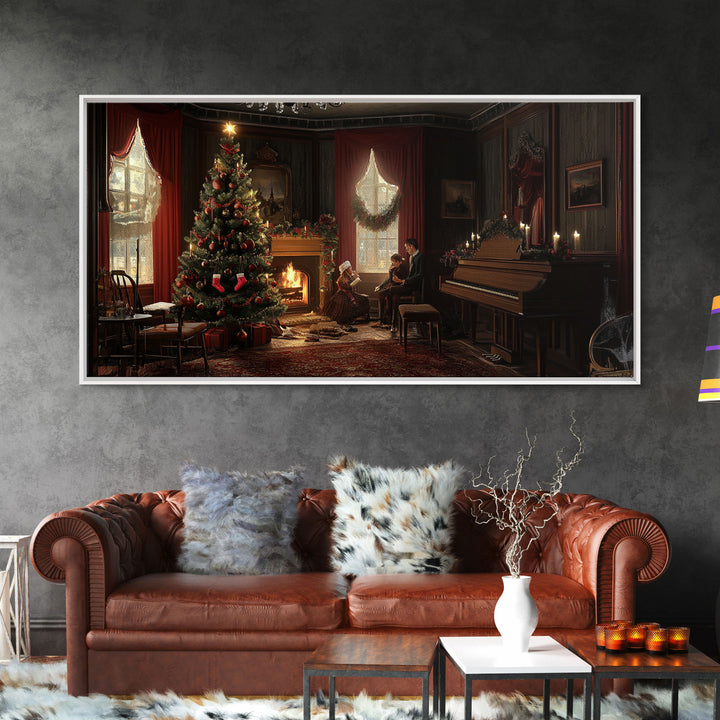Victorian Christmas Living Room Framed Canvas Print - Elegant Christmas Decor with Vintage Holiday Charm and Indoor Wall Art
