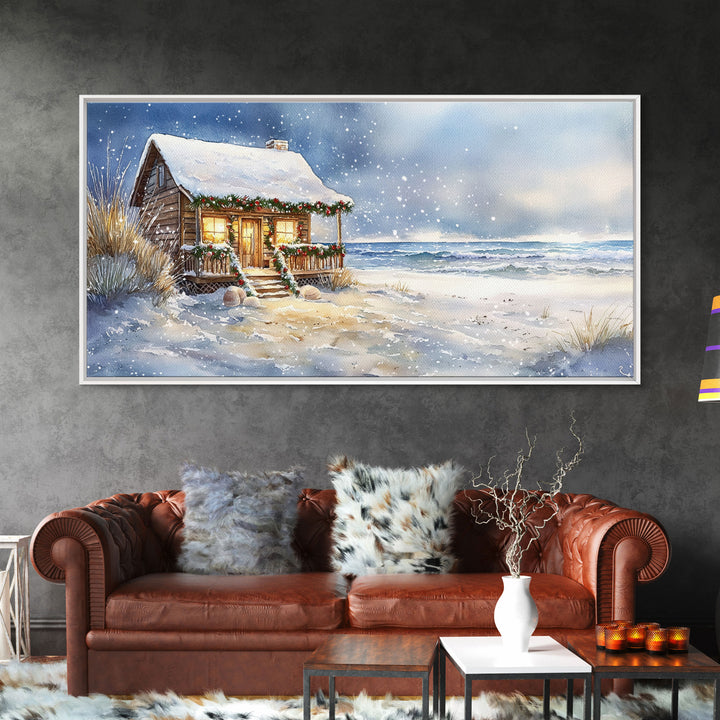 Coastal Winter Cottage Snowy Christmas Scene With Framed Canvas Print, Winter Wonderland Beach House Christmas Decor Wall Art