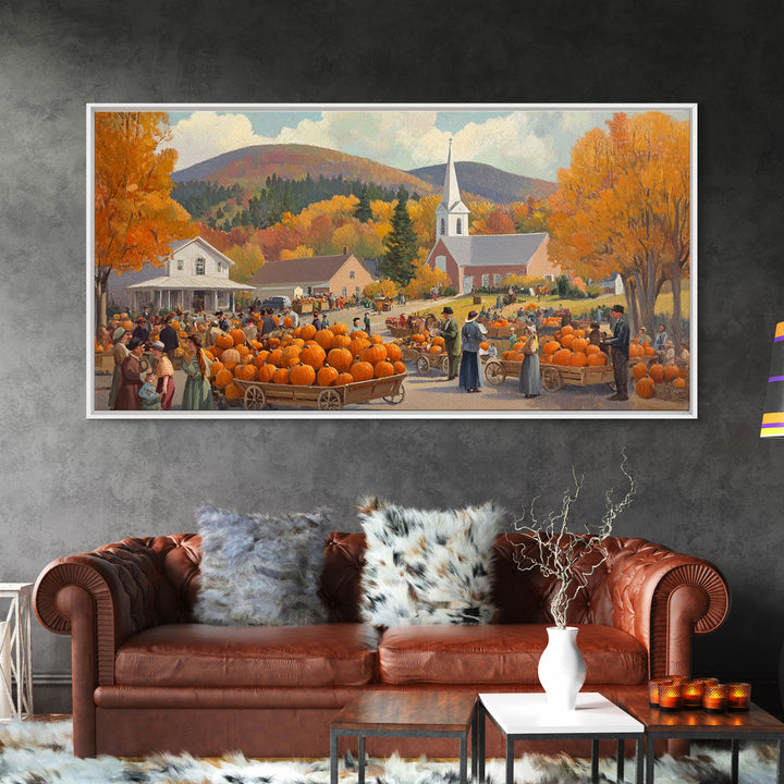 Autumn church harvest scene with pumpkins, farmhouse fall decor, canvas print, vintage fall wall art, seasonal decor