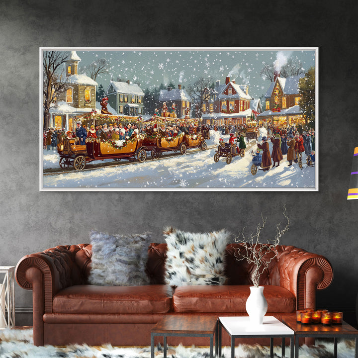 Vintage Christmas parade with decorated cars, 2024 Christmas scene art, framed canvas print, festive holiday art, Christmas wall art