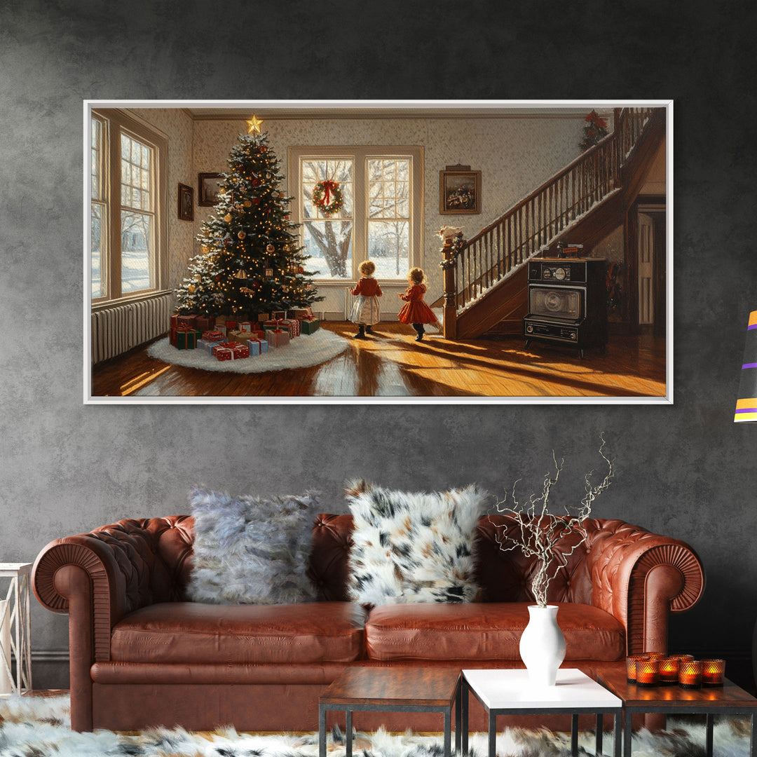 Vintage Christmas scene with children by tree, rustic Christmas home decor, framed canvas print, Christmas art prints, 2024 holiday wall art