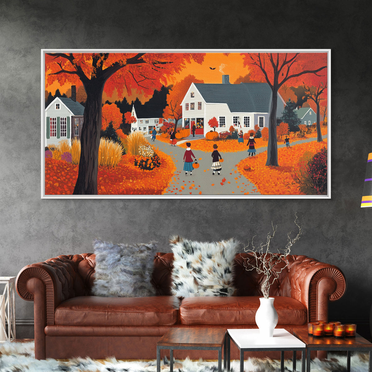 Autumn Vintage Village Canvas Print with Fall Foliage, Seasonal Farmhouse Art, Framed Wall Decor Gift, Best Gift Idea