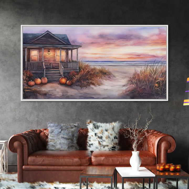 Rustic Beach Cottage Fall Scene Framed Canvas Print, Coastal Autumn Sunset Wall Art Ideal Autumn Gift, Seasonal Beach Decor