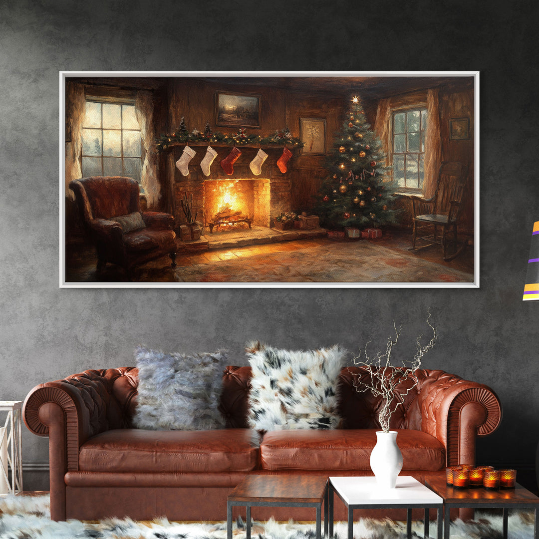 Vintage Christmas Living Room Framed Canvas Print with Fireplace and Stockings, Cozy Rustic Holiday Wall Art, Best Christmas Gift Idea