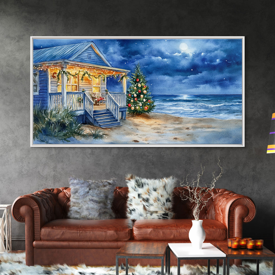 Cozy Christmas Cottage On Beach Scene With Framed Canvas Print, Winter Beach Home Christmas Tree Wall Art, Holiday Wall Decor