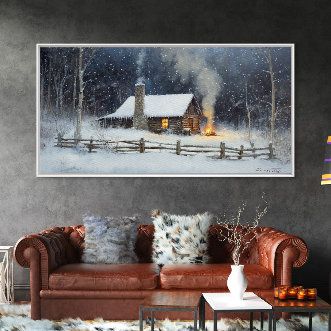 Rustic Cabin in Snow Framed Canvas Print, Cozy Winter Wonderland Art, Best Gift Idea for Christmas Wall Art, Vintage Holiday Decor