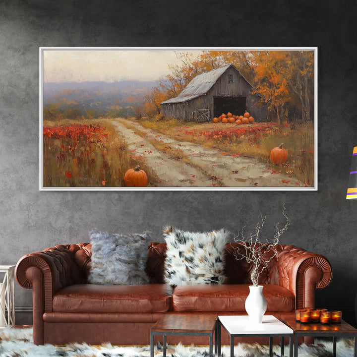 Scenic Country Farmhouse Autumn Harvest Framed Canvas Print with Pumpkins, Rustic Farmhouse Fall Art, Wall Decor, Seasonal Wall Art Gift