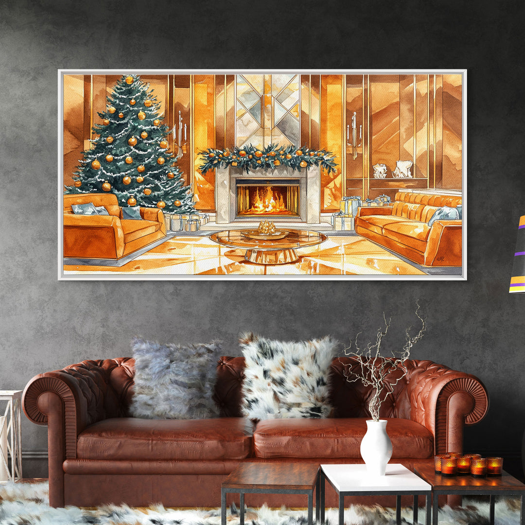 Luxurious Christmas Living Room Framed Canvas Print, Golden Holiday Decor with Christmas Tree and Fireplace Winter Wall Art