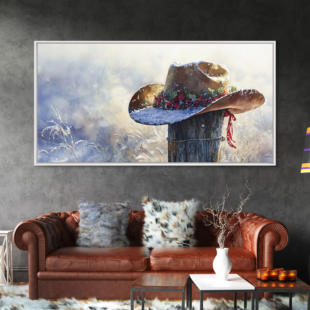 Rustic Cowboy Christmas Hat Framed Canvas Print, Snow-Covered Country Holiday Decor with Wreath on Fence Perfect Winter Art