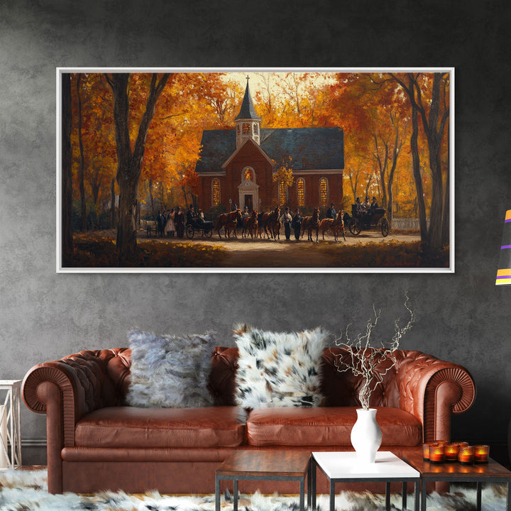 Beautiful Country Church in Autumn Scene Framed Canvas Print Fall Art, Rustic Autumn Church Scene, Vintage Wall Art Home Decor