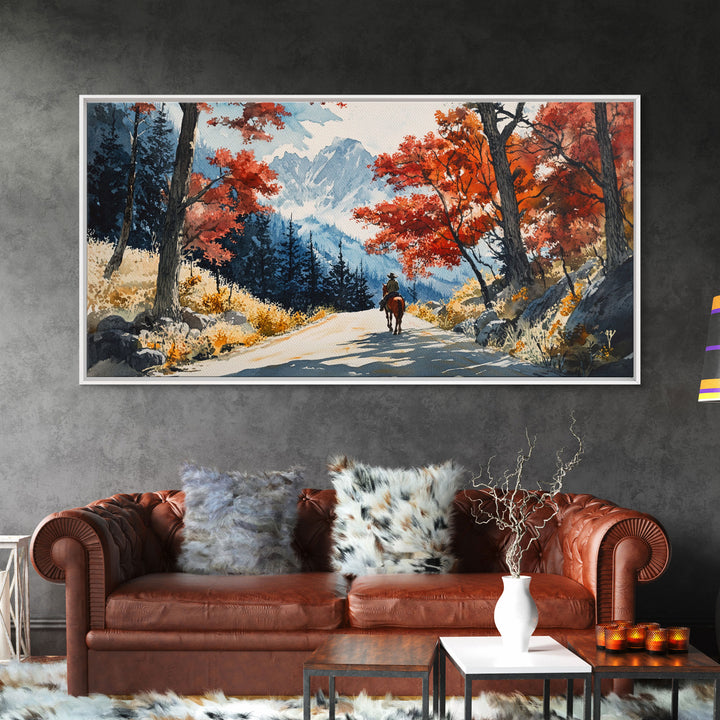 Cowboy Riding In Winter Snow Framed Canvas Print Tall Art Winter Landscape Rustic Christmas Decor Western Home Wall Art Mountain Gift Idea