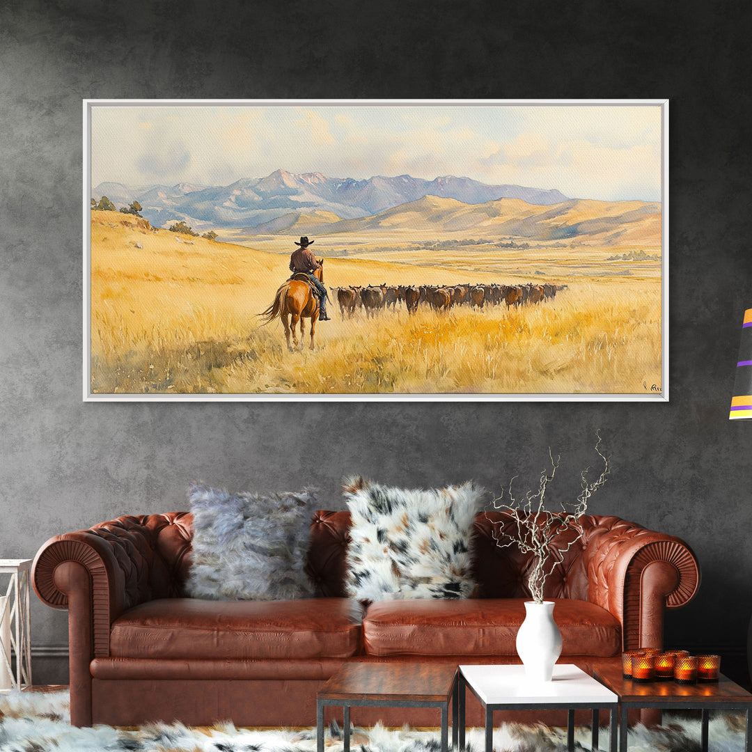 Cowboy On Snowy Path Framed Canvas Print Tall Art Winter Wonderland Western Christmas Decor Rustic Winter Wall Art Gift Cowboy Holiday Gift