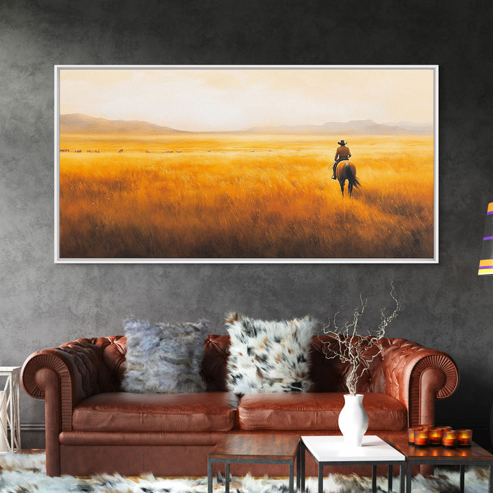 Herding Cattle Across Plains Framed Canvas Print Tall Art Rustic Autumn Landscape Western Country Decor Fall Home Wall Art Farmhouse Gift