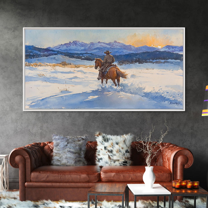 Cowboy In Golden Light Framed Canvas Print Tall Art Autumn Country Landscape Fall Decor Rustic Western Wall Art Farmhouse Decor Gift