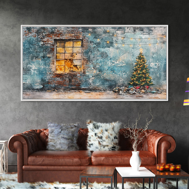 Rustic urban Christmas wall art with a glowing window and decorated tree, framed canvas print perfect seasonal decor, winter holiday display