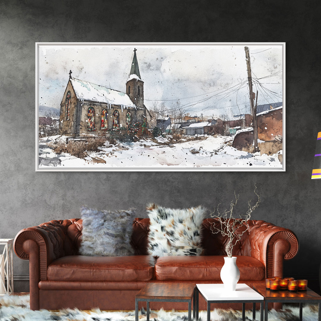 Snowy church scene framed canvas print, stained glass church in winter with snow-covered rooftops, perfect Christmas or holiday art display