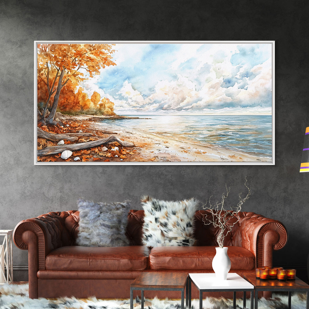 Autumn beach scene with colorful trees and calm waters, framed canvas print, perfect fall or autumn seasonal decor wall art