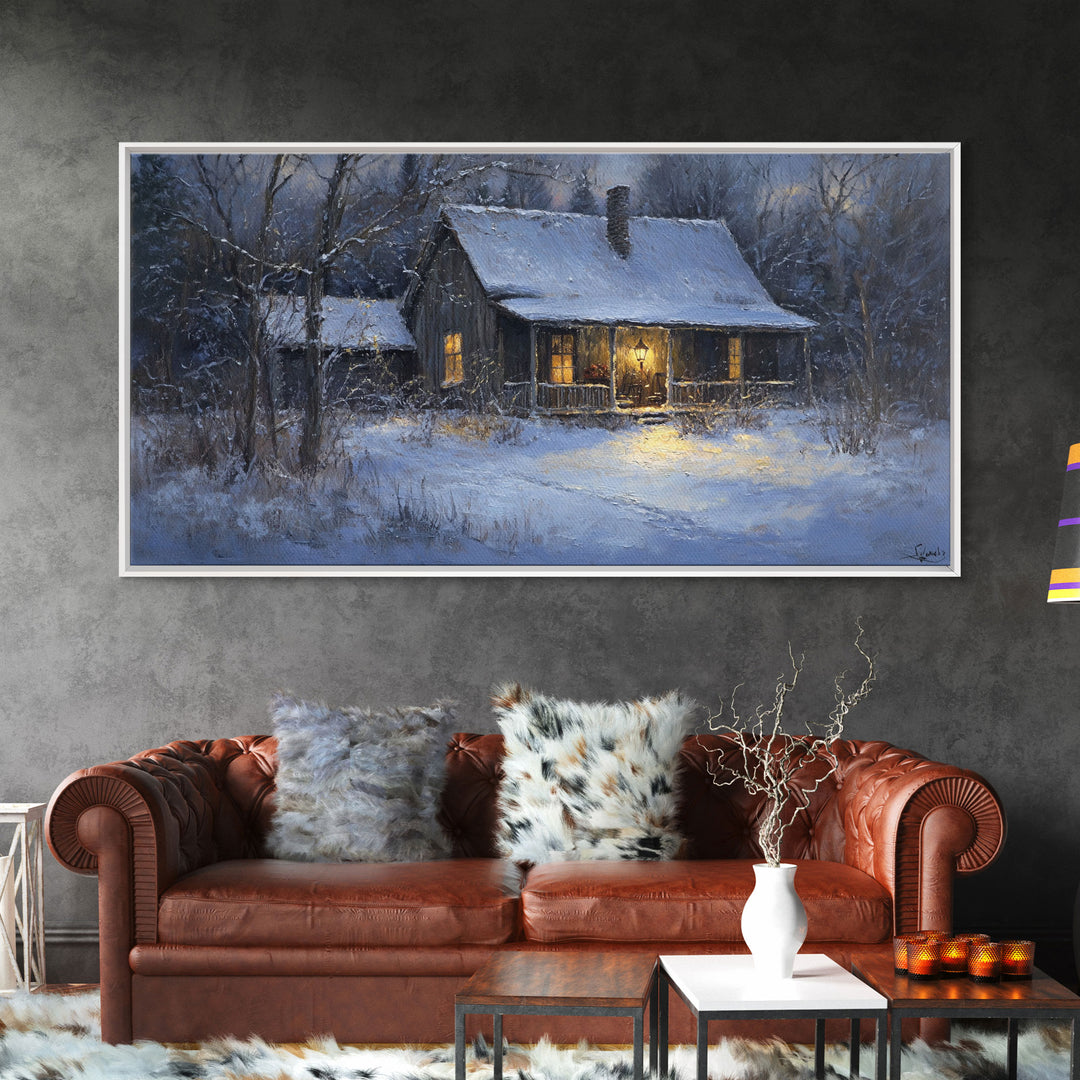 Cozy Winter Cabin Scene Framed Canvas Print with Snowy Landscape, Christmas Wall Art, Rustic Winter Scene, Vintage Seasonal Wall Decor