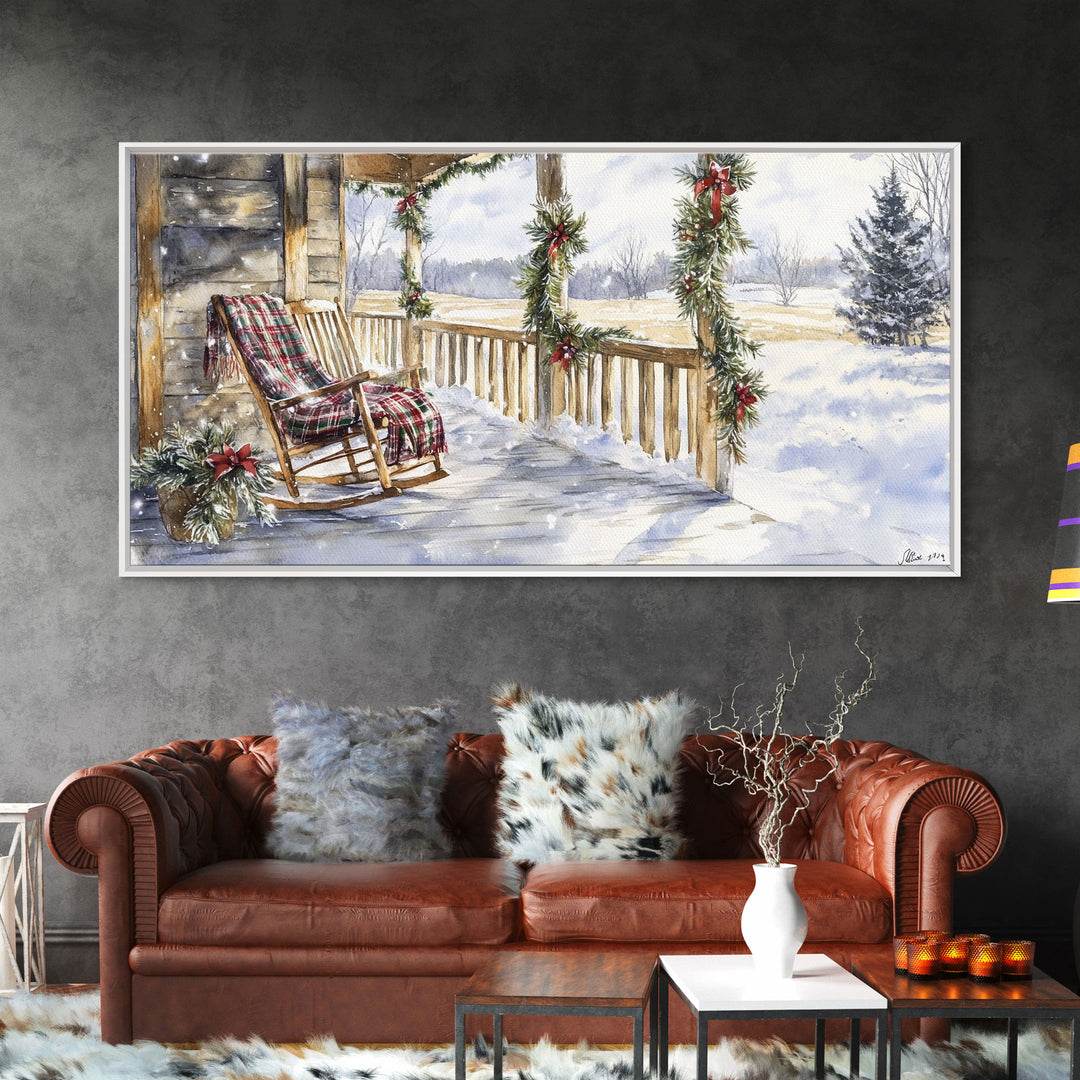 Snowy porch scene with wreaths and holiday greenery, framed canvas print, cozy winter Christmas decor perfect holiday wall display