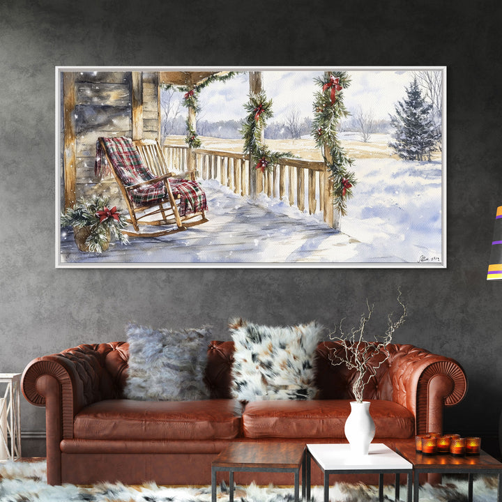 Snowy porch scene with wreaths and holiday greenery, framed canvas print, cozy winter Christmas decor perfect holiday wall display