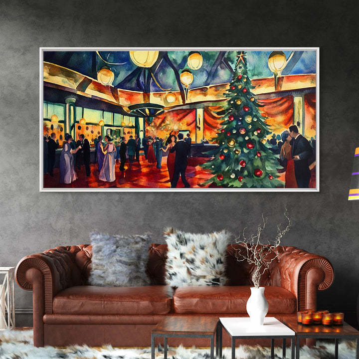 Elegant ballroom Christmas tree with dancing couples, framed canvas print vibrant holiday party decor perfect seasonal wall art